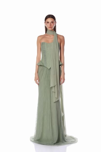 Mint Strapless Corset Lace Evening Dress